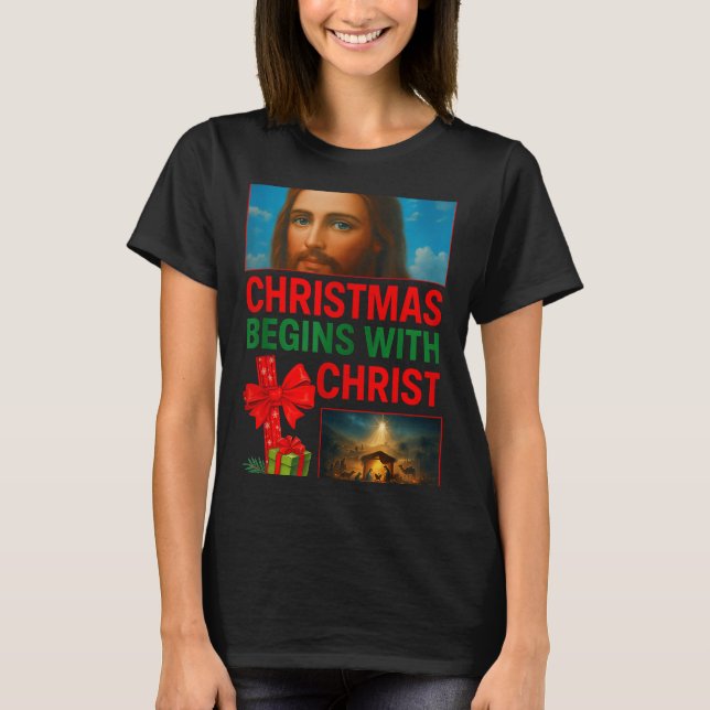 Camiseta Hugvyn Christmas Begins With Christ Jesus Cross Ch (Frente)