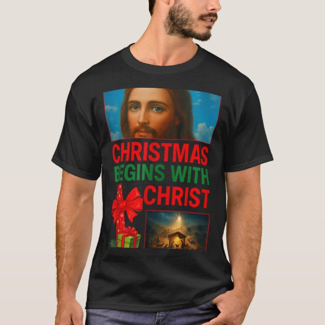 Camiseta Hugvyn Christmas Begins With Christ Jesus Cross Ch (Frente)