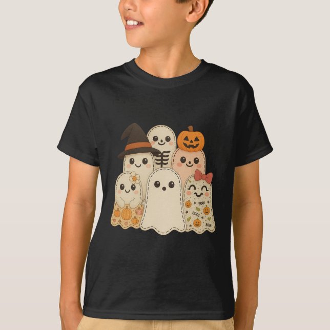 Camiseta Hugvyn Halloween Patchwork Quilt Ghost Matching Fa (Frente)