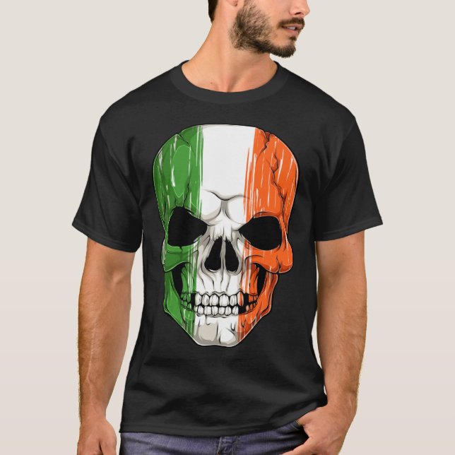 Camiseta Human Skull Head With Irish Flag Pattern St Patric (Frente)