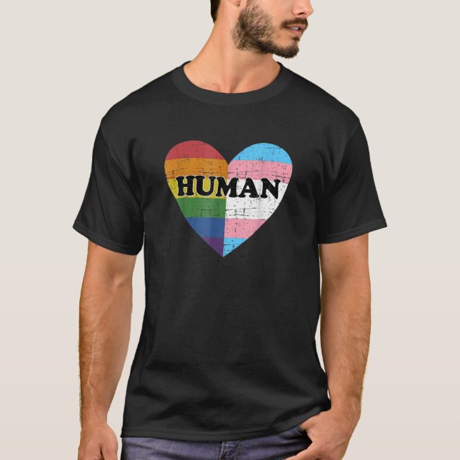 Camiseta Humano com arco-íris e bandeira transgênero para o (Frente)
