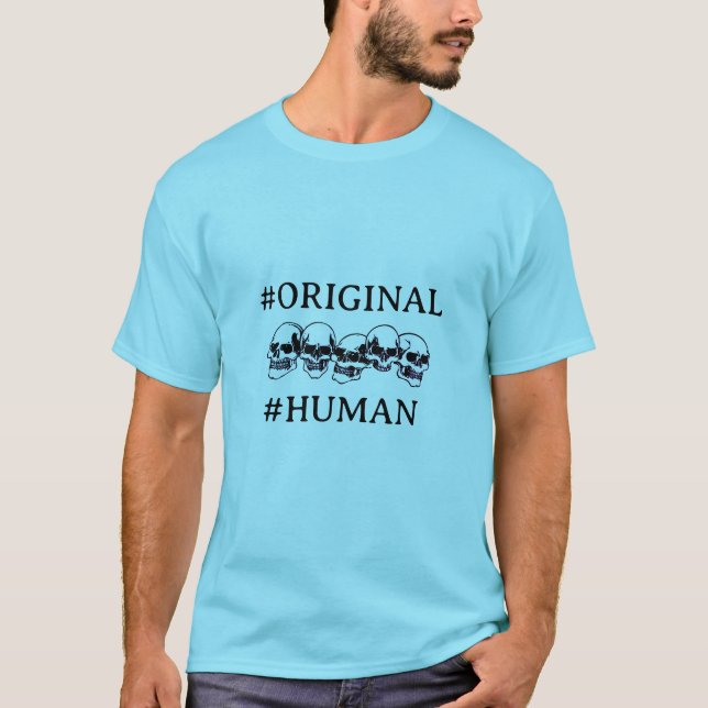 CAMISETA #HUMANO COM CRÂNIOS EM AZUL (Frente)
