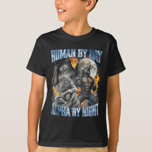 Camiseta Humano de Dia Alfa de Noite Legal Engraçado Lobo A