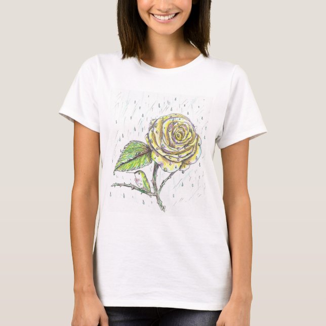 Camiseta Hummingbird e Rosa no Desenho da Chuva (Frente)