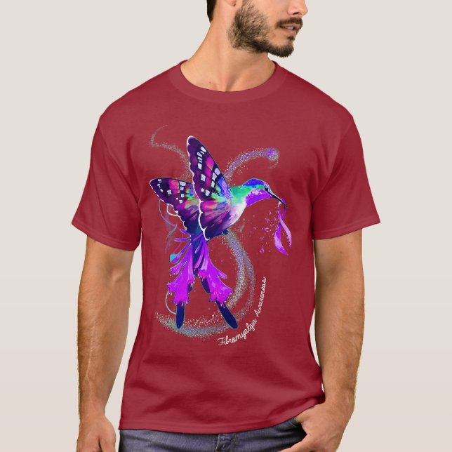 Camiseta Hummingbird Segurando Fibromialgia Roxa (Frente)