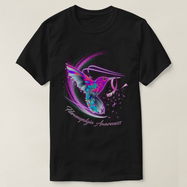Camiseta Hummingbird Segurando Fibromialgia Roxa Fibromialg (Frente do Design)