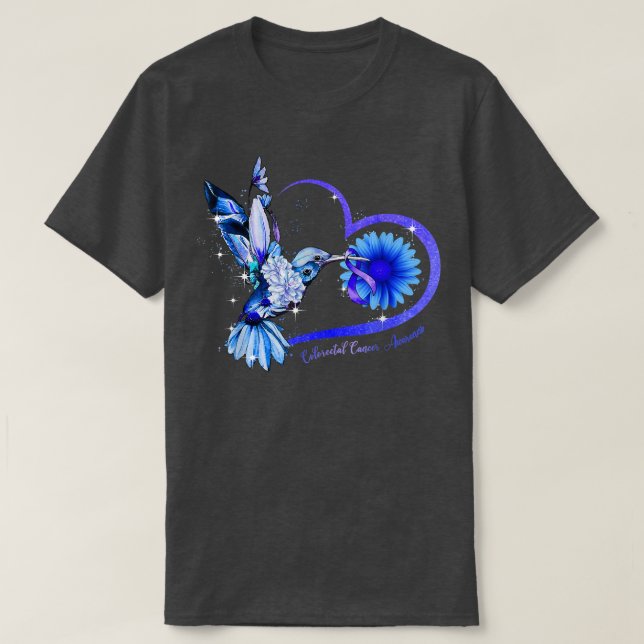 Camiseta Hummingbird Sunflower Heart Blue Ribbon Colorectal (Frente do Design)