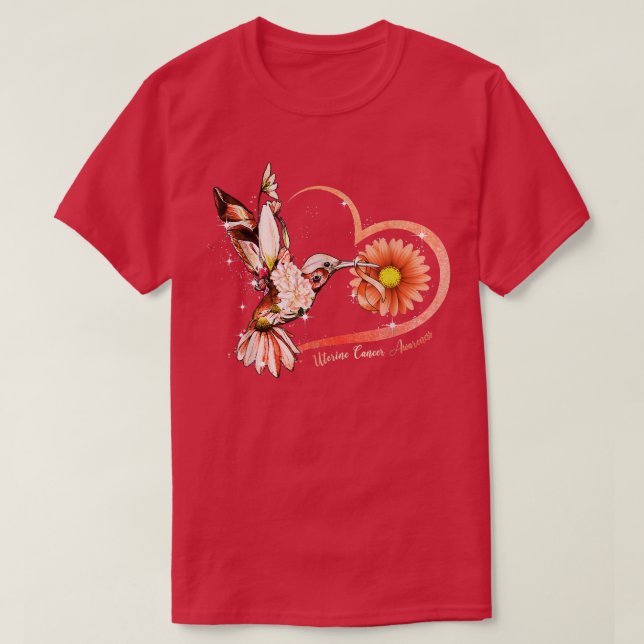 Camiseta Hummingbird Sunflower Heart Peach Ribbon Uterine C (Frente do Design)