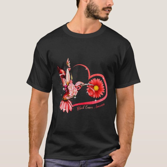 Camiseta Hummingbird Sunflower Red Ribbon Cancer Sangue Awa (Frente)