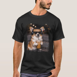 Camiseta Humor de Corgi Bebendo Café Gelado