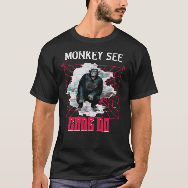 Camiseta Humor de Desenvolvedor Web 'Macaco Vê Código Faz' (Frente)