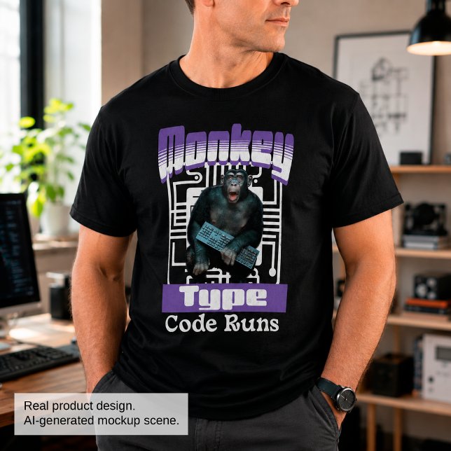 Camiseta Humor de Programador Executando Código de Macaco (Criador carregado)