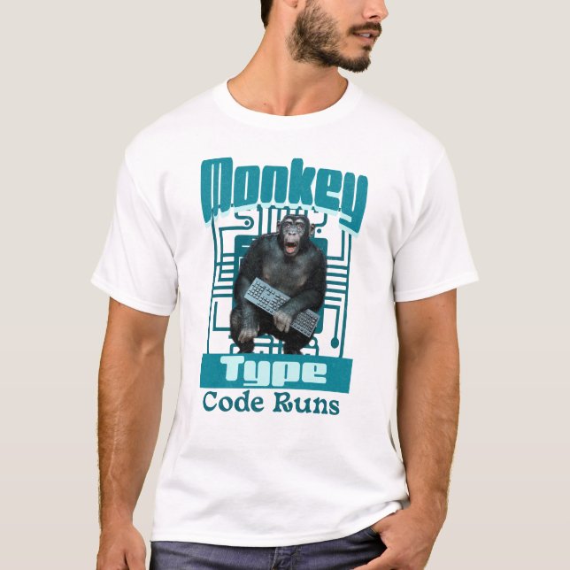 Camiseta Humor de Programador Executando Código de Macaco (Frente)