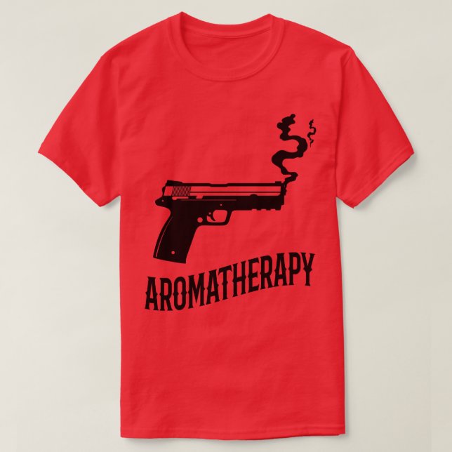Camiseta Humor Proprietário de Armas AromaTherapia (Frente do Design)
