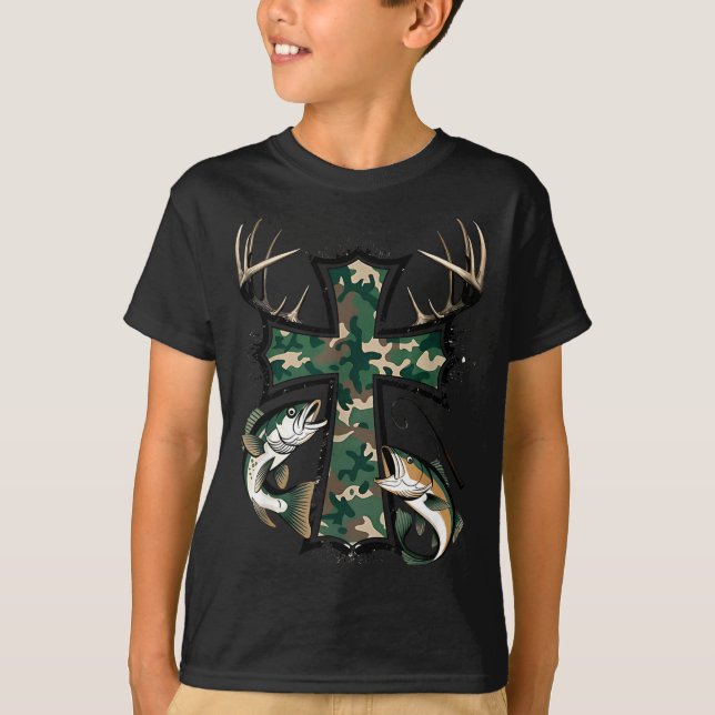 Camiseta Hunting Fishing Faith - Christian Hunter Fisherman (Frente)