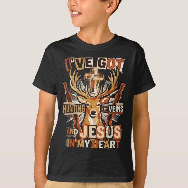 Camiseta Hunting In My Veins Jesus In Heart Christian Deer  (Frente)