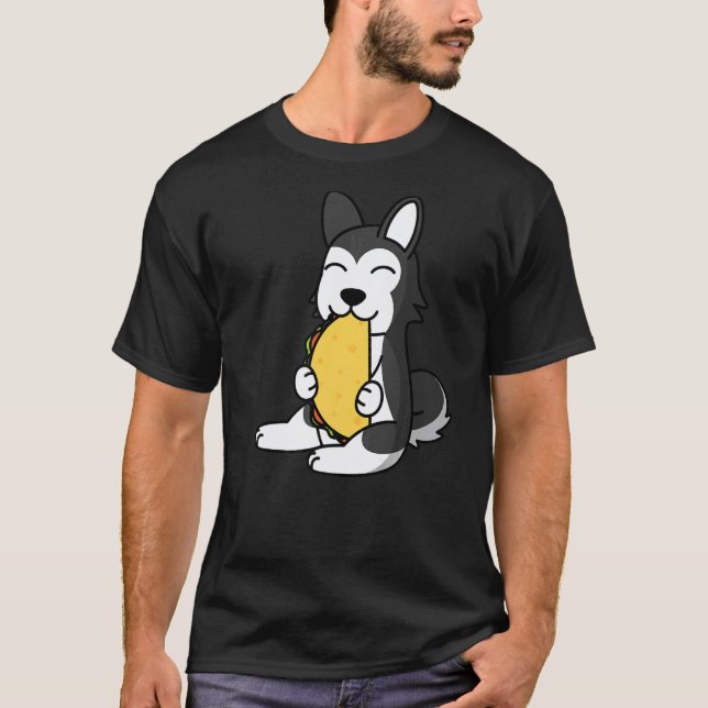 Camiseta Husky Comendo um Cachorro-Quente de Taco (Frente)