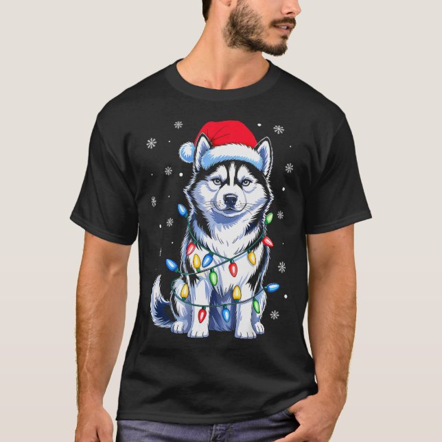 Camiseta Husky Dog Christmas Lights Santa Hat Family Xmas P (Frente)