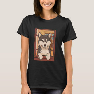 Camiseta Husky Engraçado Espiando pela Janela. Amante de Ca