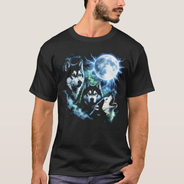 Camiseta Husky Siberiano Uivando para a Lua – Céu Noturno d (Frente)