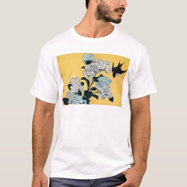 Camiseta Hydrangea e Swallow, Hokusai, Ukiyo-e (Frente)