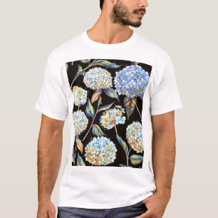 Camiseta Hydrangea Watercolor Azul: Padrão Escuro Sem Costu