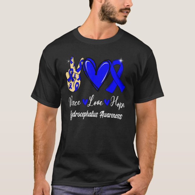 Camiseta Hydrocephalus Awareness Peace Love Hope Blue Ribbo (Frente)