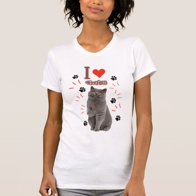 Camiseta I ❤️ Cats – Cute Cat & Paw Print Design (Frente)
