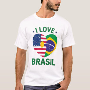 Camiseta I Love Brasil USA Flag Heart Puzzle Brazilian Amer