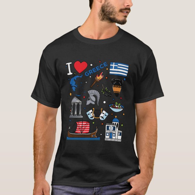 Camiseta I Love Greece Hand Drawn Greek Landmarks Flag And  (Frente)