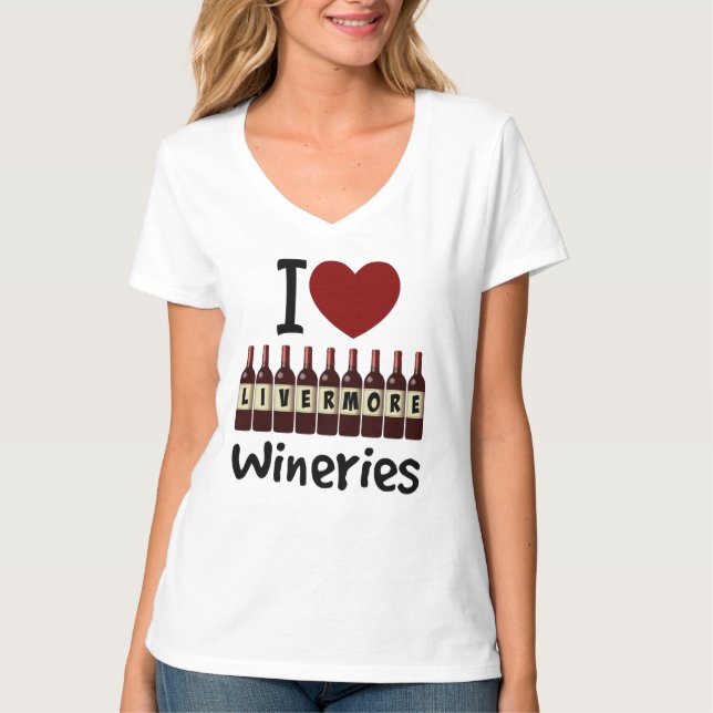 Camiseta I Love Livermore Wineries Heart and Wine Bottles (Frente)