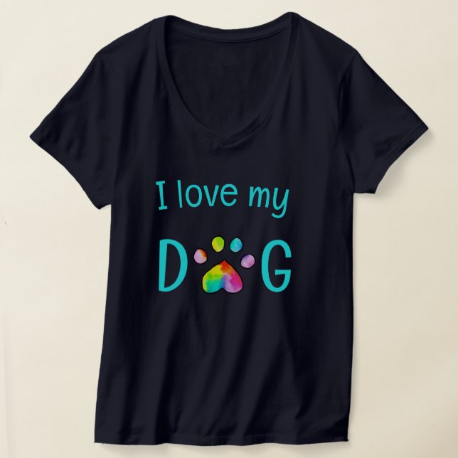 Camiseta "I Love My Dog", Rainbow Watercolor Paw (Postura )