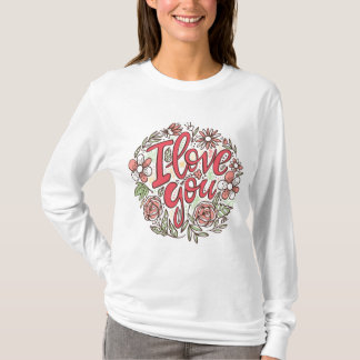 Camiseta I Love You Floral Wreath Romantic Roses Long Sleev