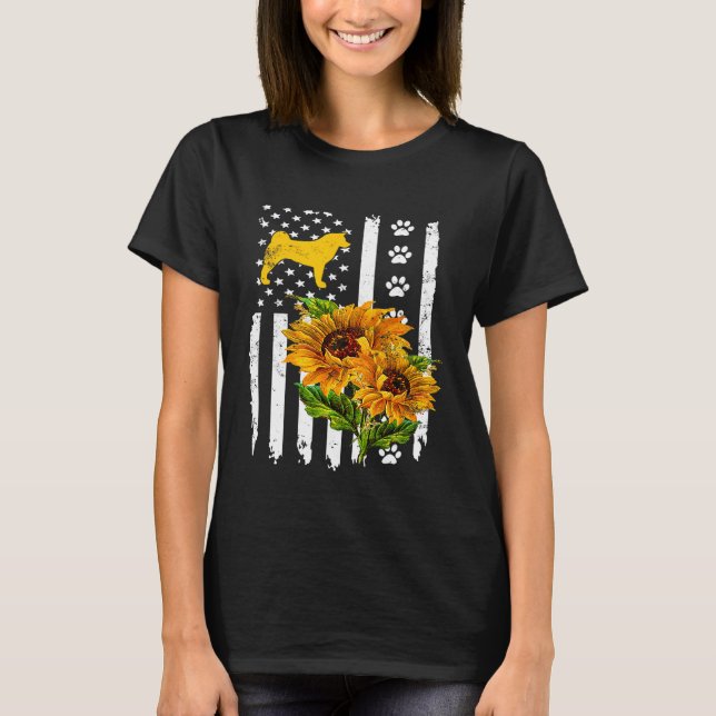 Camiseta I My Akita Inu American Flag And Sunflower (Frente)