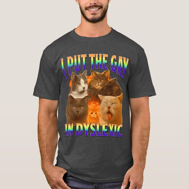 Camiseta i put the gay in dysleic funny cat meme gift (Frente)