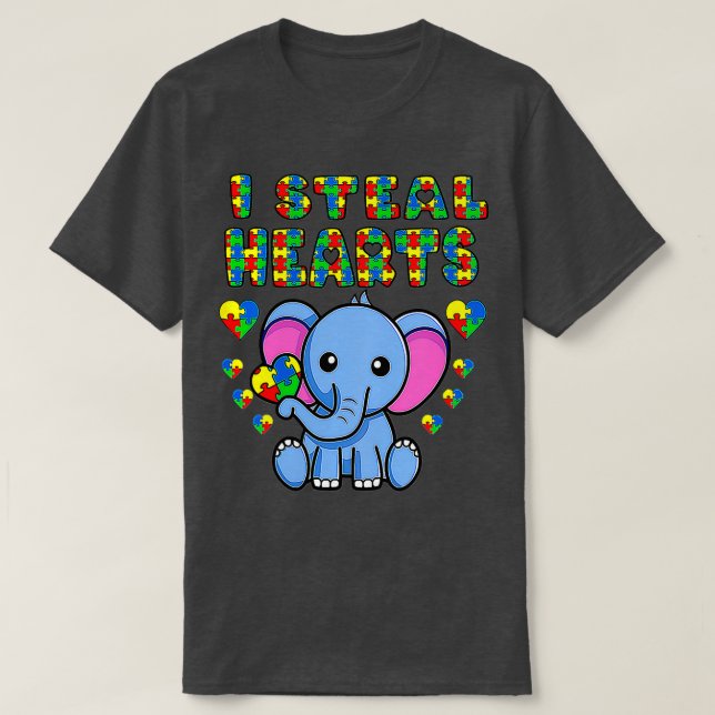Camiseta I Steal Hearts Autism Awareness Elephant Puzzle Pi (Frente do Design)