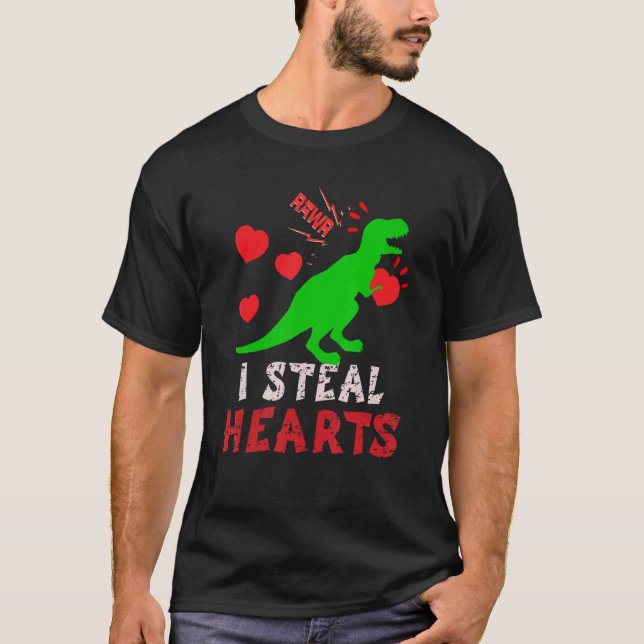 Camiseta I Steal Hearts Valentines Day Dinosaur Boys Men Lo (Frente)