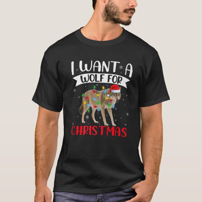 Camiseta I Want A Wolf For Christmas Lighting Santa Wolf Xm (Frente)