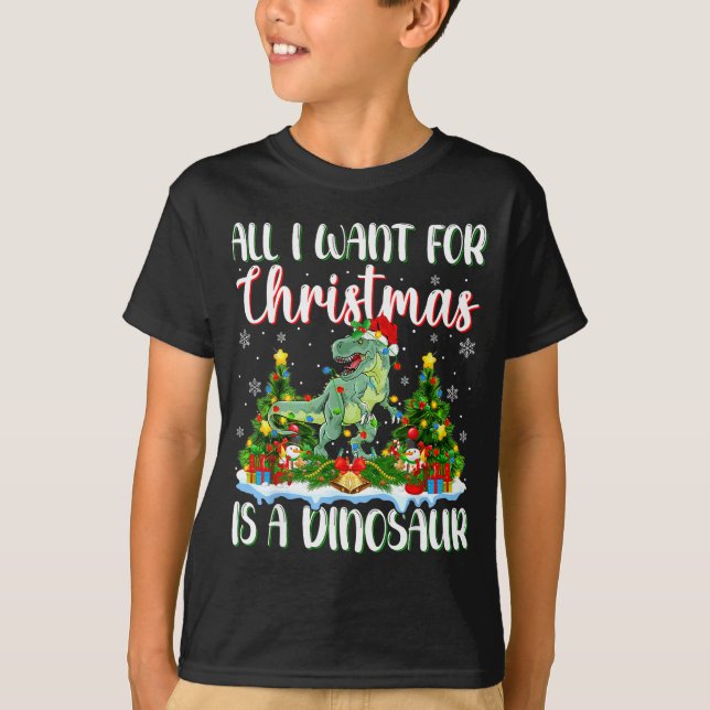 Camiseta I Want For Christmas Is A Dinosaur Xmas Tree Light (Frente)