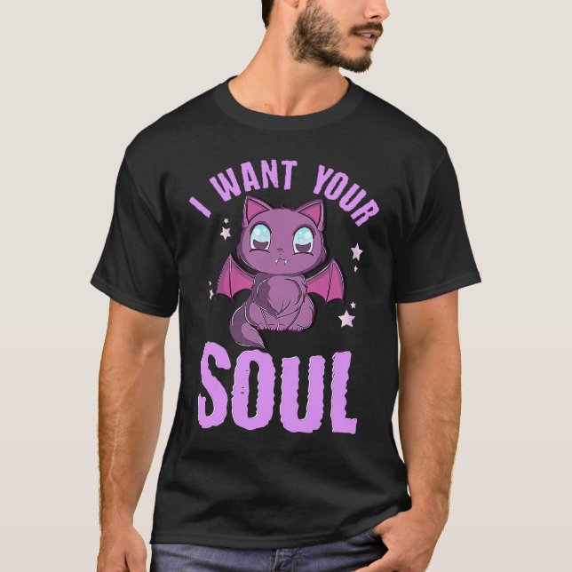 Camiseta I Want Your Soul Funny Halloween Cute Black Cat Ba (Frente)