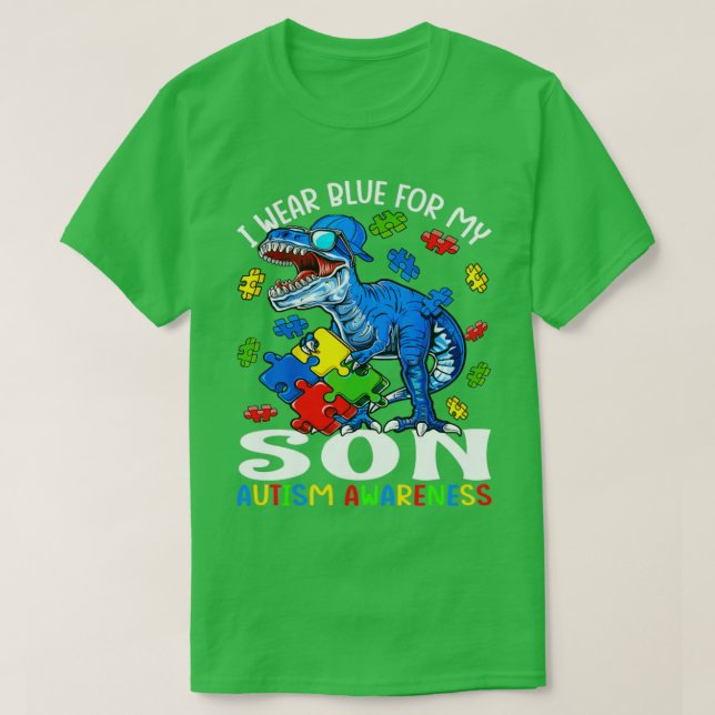 Camiseta I Wear Blue For My Son Autism Awareness Dinosaur  (Frente do Design)