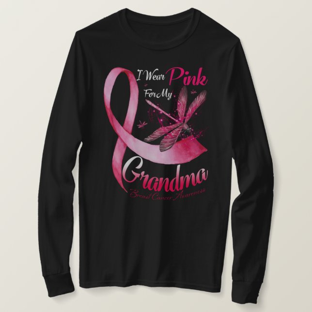 Camiseta I Wear Pink For My Grandma Dragonfly Pink Ribbon B (Frente do Design)