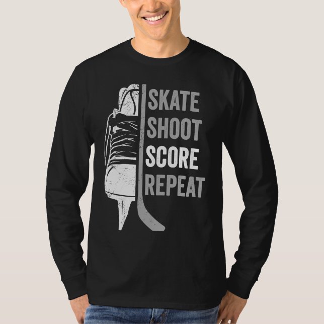 Camiseta Ice Hockey Player Coach Skate Shoot Score Repeat (Frente)
