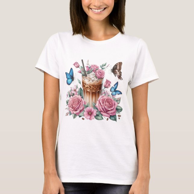 Camiseta Iced Coffee & Floral Butterfly T-Shirt Summer Art (Frente)