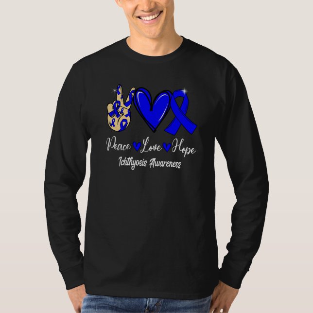 Camiseta Ichthyosis Awareness Peace Love Hope Blue Ribbon (Frente)
