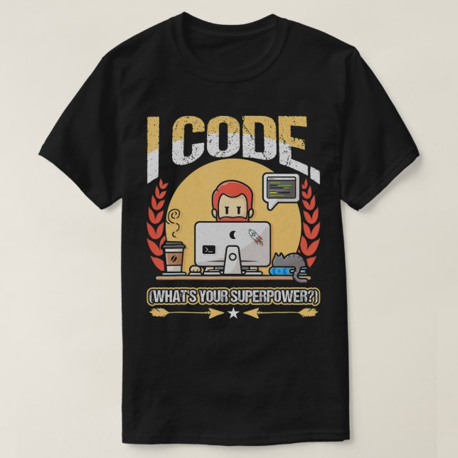 Camiseta ICode Qual é o seu Nerd de programador de superpot (Frente do Design)