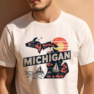 Camiseta Ícone de Viagem Retro Gráfico de Michigan Icônico