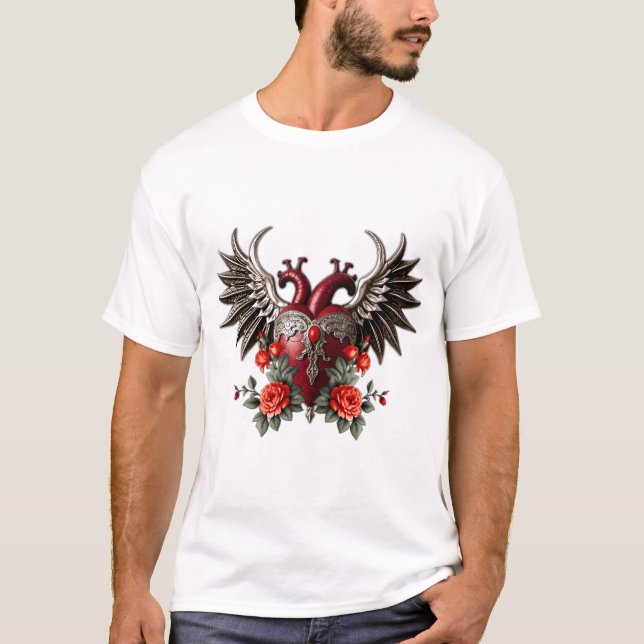 Camiseta Ícone gótico romântico: coração, rosa, crânio. (Frente)