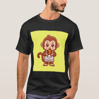 Camiseta Ícone Vetorial de Cartoon de Macaco Bonito Comendo