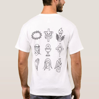 Camiseta Ícones da Semana Santa: Jesus, Maria, Cruz e Oraçõ